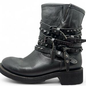 ASH Tatum Studded Strap Moto Ankle Boots Black Leather 10